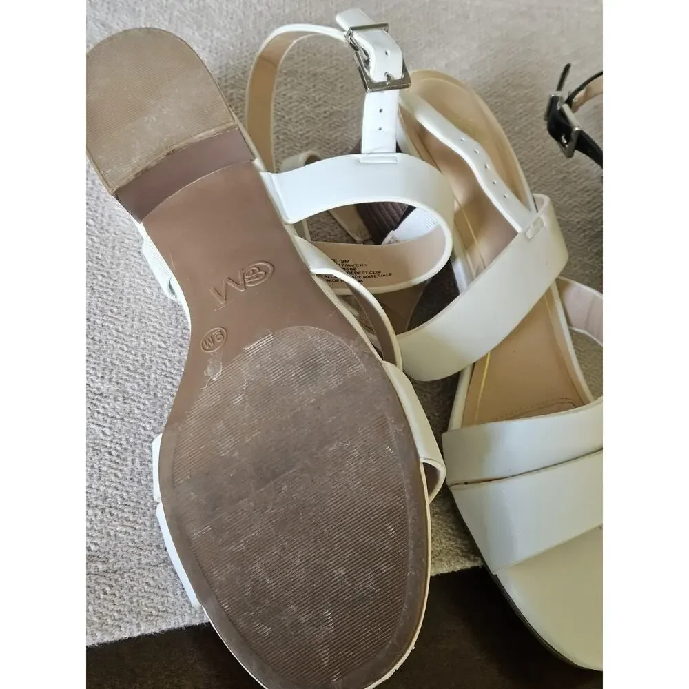 2 Pr C&M SZ 9M Black White Low Heel FAUX LEATHER Sandals Shoes-LN